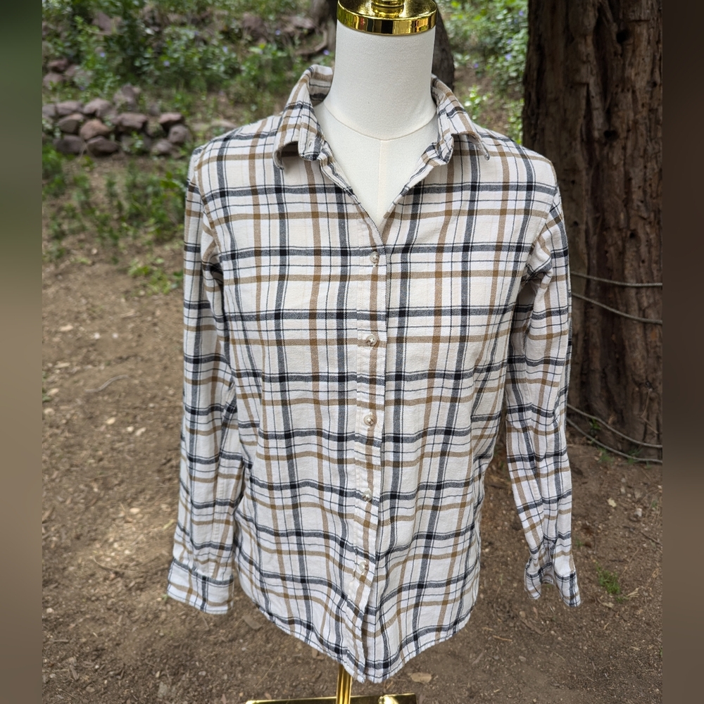 Uniqlo White and Brown Casual Button Down Flannel Shirt Size‎ Small - Picture 2 of 5